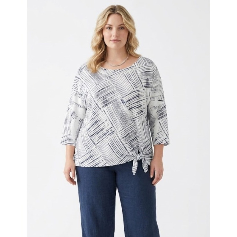 Top Ligne Tie Front Blouse XL White Navy Blue Abstract Eyelet Knit Top